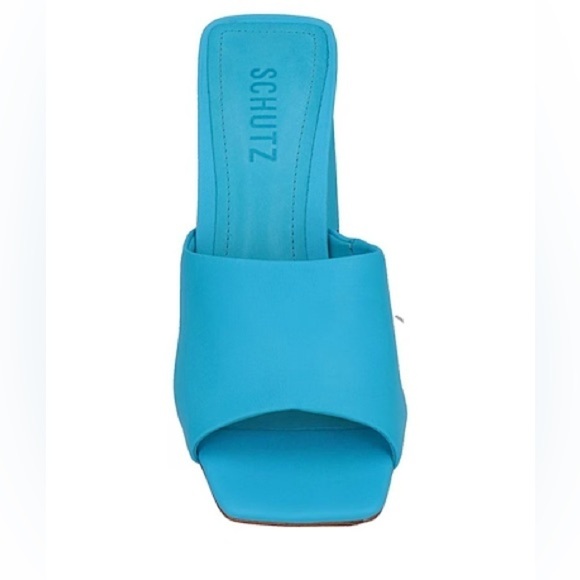 NEW Schutz Azure Blue Sandals Leather Walkable Heels Colorful Comfy Mules - Picture 4 of 10
